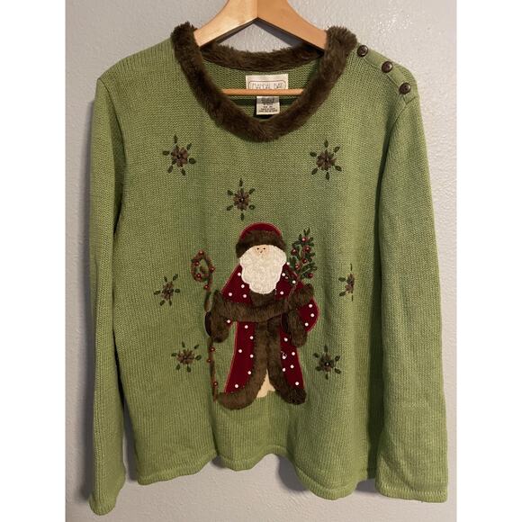 Mandal Bay Sweater Womens XL Green Santa Christmas Holiday Embroidered Faux Fur - Picture 1 of 7